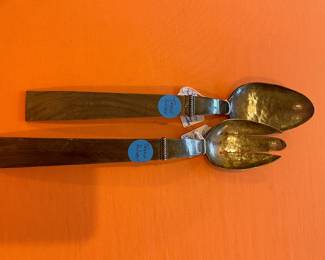 1930's signed silver and rosewood salad servers