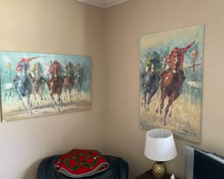 Two oil paintings of horse racing pretty cool colors