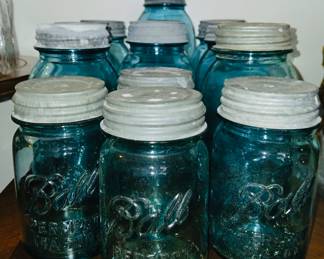 Vintage blue ball jars with zinc tops 