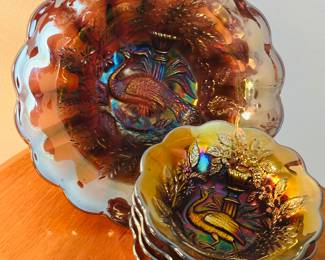Set of Millersburg peacock carnival glass bowls in amethyst 