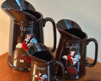 Set of 3 Japanese redware ceramic pancake pitchers 