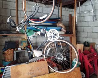 Bike; red folding Adirondack chair