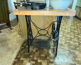 IRON SEWING MACHINE BASE TABLE WITH CUSTOM CUTTING BOARD TOP!