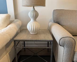 Wood top iron base end table and Antoinette lamp by Uttermost 