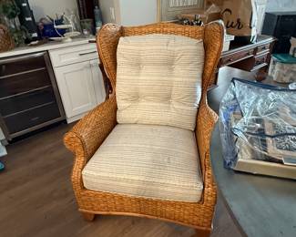 Braxton Culler custom upholstered wing back rattan chairs