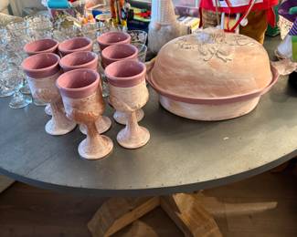 Vintage clay chalice goblets and matching covered clay baking dish