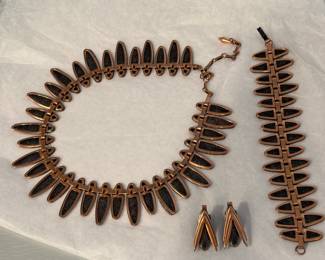 Matisse Nefertiti Parure 1950’s burnished copper with gold flakes necklace, bracelet and earrings set vintage
