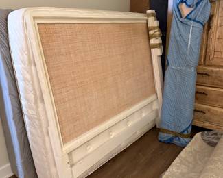 Queen rattan bed includes headboard, footboard and side rails. Nice mattress and box spring set.