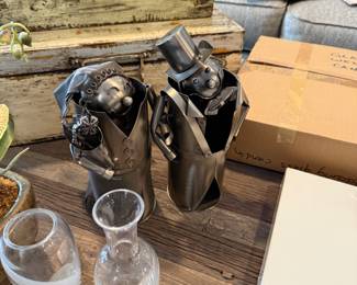 Metal bride and groom wine bottle holders