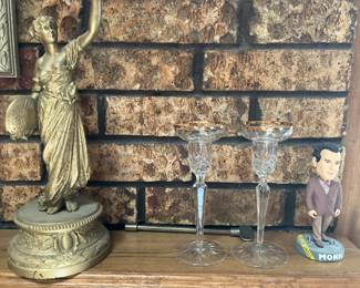 Bronze statue, cut crystal candle holders, Monk bobblehead