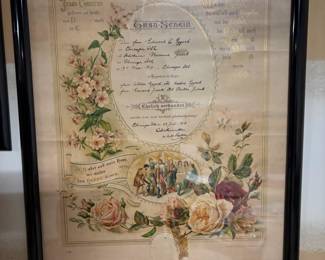 Antique framed marriage license