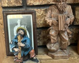Flautist figurine, wooden figurine of man playing accordion