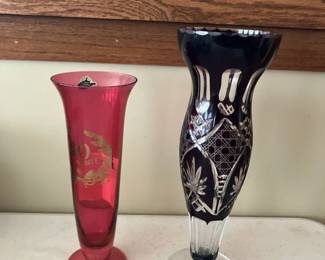 West Virginia Glass Co. cranberry glass vase, Ruby red cut to clear glass vase