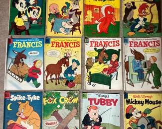1950's comic books: Andy Panda, Looney Tunes, Casper, Woody Woodpecker, Francis, Spike Tyke, Tubby, Mickey Mouse