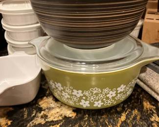Pyrex mixing bowl, Pyrex green daisy casserole 