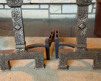 Antique hammered iron andirons