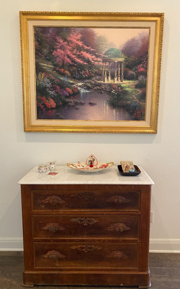 antique German marble top chest, Large LE Kincaid giclee art print with certificate