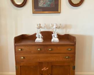 solid wood  dry sink/side board. This is a wonderful size, large antique Meissen porcelain candelabras, antique mahogany & brass mirrors