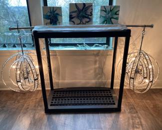 pair modern chrome & crystal orb chandeliers, Italian design