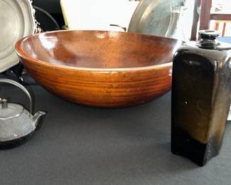 Large wooden bowl - early 1800 gin bottle 