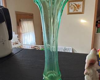 Vintage Green Uranium Glass Fluted Swung Vase