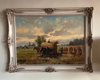 Vintage Oil Painting of a Harvest Scene by C. Schramm