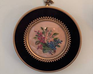 Vintage Needlepoint Floral Embroidery in Round Frame