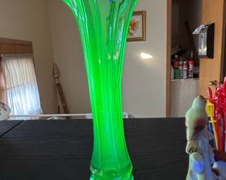 Vintage Green Uranium Glass Fluted Swung Vase