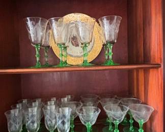 Collection of Vintage Embroidered Linens and Green-Stemmed Glassware