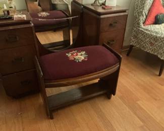 Vintage Art Deco Vanity Stool with Floral Needlepoint Cushion