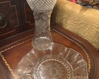 Avon Fostoria Hearts and Diamonds Vase and Pressed Glass Bowl