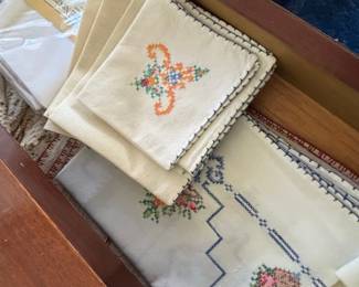 Collection of Vintage Embroidered Linens and Green-Stemmed Glassware