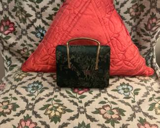 Vintage Chinoiserie Embroidered Evening Clutch with Gold Frame