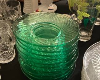 Vintage Green Uranium Glass Swirl Dessert Plates Stack