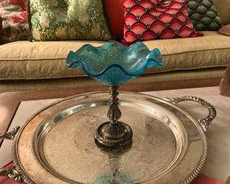 Vintage Portieux Vallerysthal Blue Glass Compote Dish with Silver Plated Tray