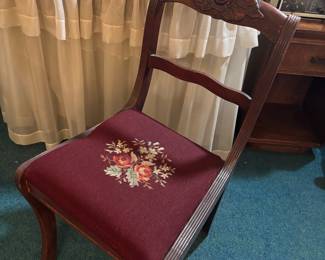 Duncan Phyfe Style Mahogany Rose Back Needlepoint Side Chair