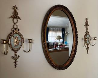 Vintage Oval Wall Mirror with Matching Pair of Ornate Sconces
