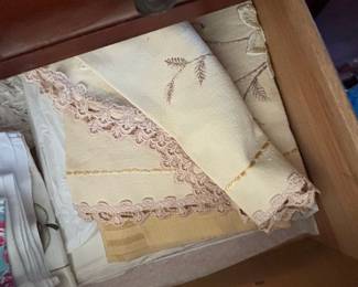 Collection of Vintage Embroidered Linens and Green-Stemmed Glassware