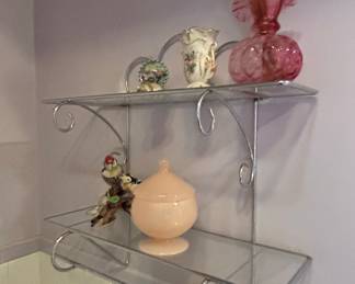 Vintage Metal and Glass Two-Tier Shelf with Decorative Items