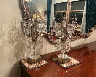 Pair of Hollywood Regency Crystal Prism Waterfall Lamps