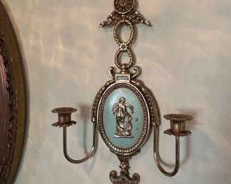 Ornate Gilt Metal Double Candlestick Sconce with Figural Medallion and Fleur-de-lis Finial
