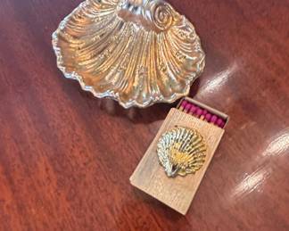 Vintage Brass Shell Dish and Matchbox Holder