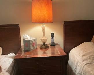Vintage Mahogany Nightstand with Inlay and Decorative Lamp