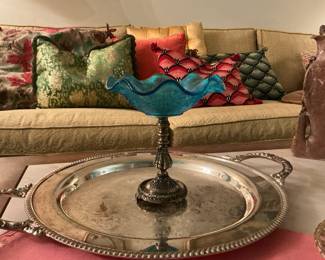 Blue Art Glass Compote with Silver Plated Pedestal Stand and Tray