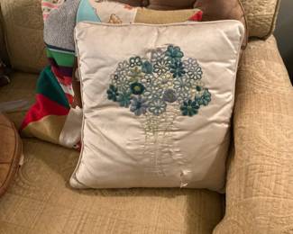 Vintage Satin Throw Pillow with Blue and Green Floral Embroidery