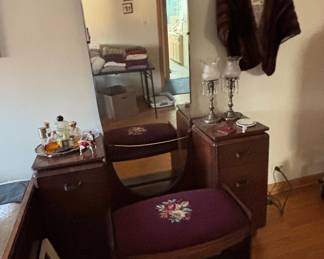 Vintage Art Deco Waterfall Vanity with Mirror and Stool