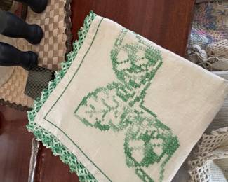 Collection of Vintage Embroidered Linens and Green-Stemmed Glassware
