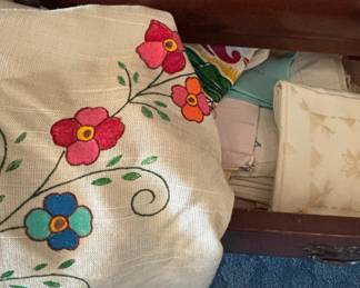 Collection of Vintage Embroidered Linens and Green-Stemmed Glassware