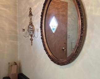 Ornate Gilt Oval Mirror with Matching Wall Sconce