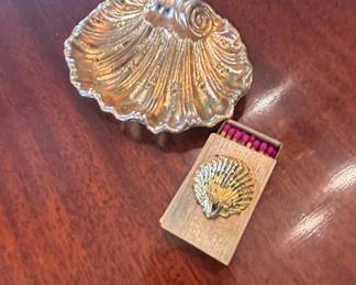 Vintage Scallop Shell Ashtray and Matchbox Holder Set